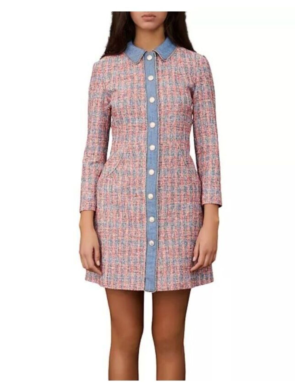 US 8 - Maje Renise Chambray Trim Tweed Shirt Dress